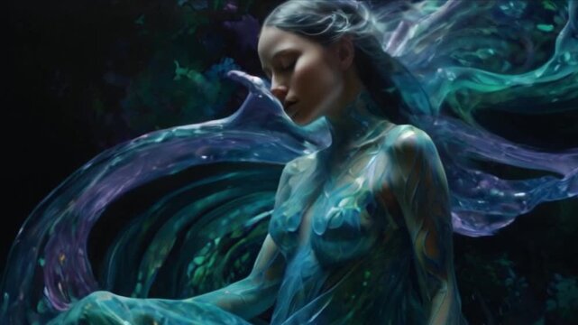 A phantasmal polished dimensional drifter is swirling with intricate patterns. This being seems to float in a cosmic dance, captured in an oil painting