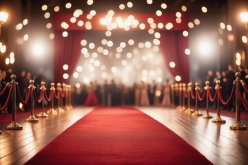 Red carpet at night with city lights and people in an urban setting