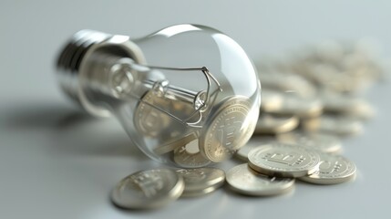 3D Light Bulb Filled with Coins on White Background