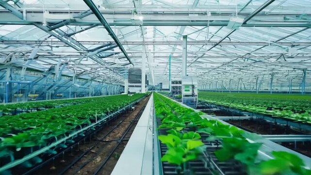 industrial greenhouse where robots are tending to rows of plants.