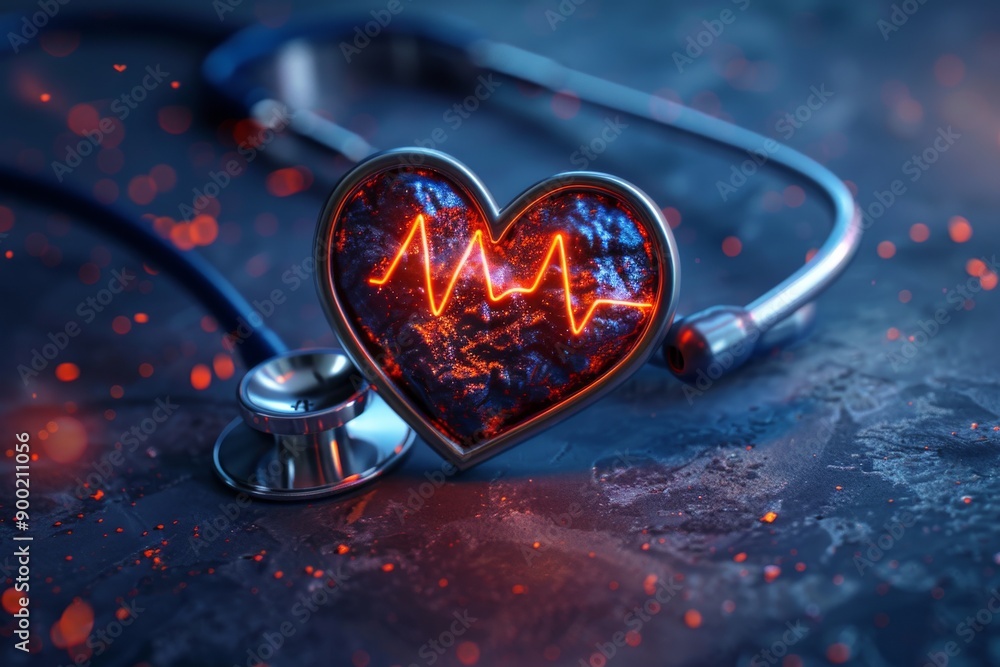 Aufkleber stethoscope with neon heart on a dark background symbolizing the connection between healthcare techn