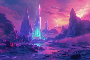 Fototapeta premium A futuristic city nestled amongst purple mountains on a distant planet with a pink sky