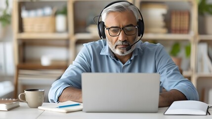 Engaged in Virtual Meeting Description: An Indian man wearing a headset is deeply focused on his laptop, conducting a virtual meeting. His desk is organized with a notebook, pen, and a cup of 