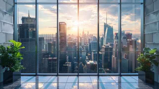 epic linkedin background for real estate agency, city and sky scrappers view, photorealistic style, dark grey and light brown colors, elegant, summer, 