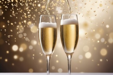 Two crystal flutes filled with bubbly champagne adorned with festive gold and white Christmas decorations