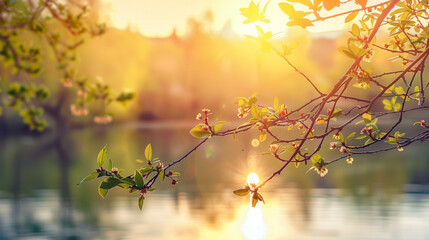 Serene Spring Sunrise: Blossoming Branches Overlooking Tranquil Lake at Dawn