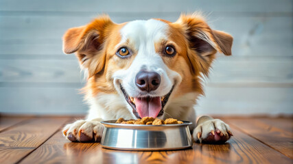 Happy Dog Eating Food From Bowl.