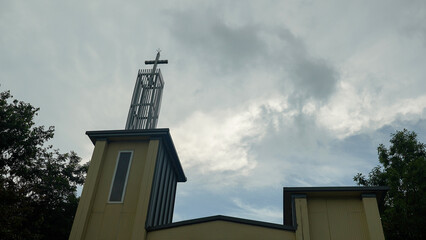 church steeple against blue sky