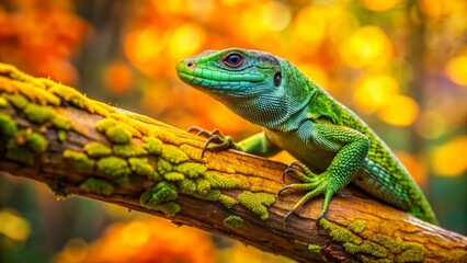 Fototapeta premium Green Lizard Perched on Branch with Bokeh Background.