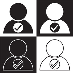 check user icon vector accept person profile avatar with checkmark yes tick symbol, checked user profile account approved icon. isolated on white and black background. Vector illustration. EPS 10