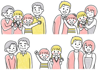 笑顔の三世代家族の水彩風手書きのイラスト素材セット