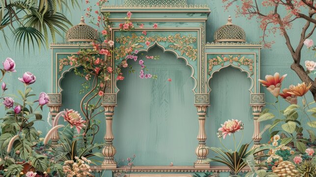 Traditional Jaipur architecture, Traditional Mughal pastel arch and flower, Mughal floral traditional ornament with arch and motif borders.