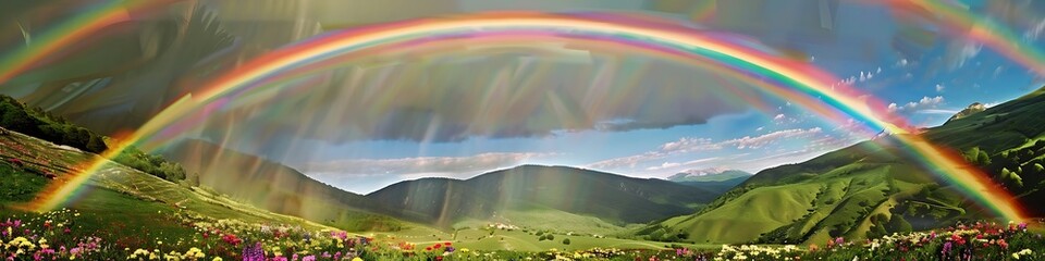 A stunning rainbow arching over a lush green valley filled with colorful flowers, symbolizing the diversity and beauty of friendships.