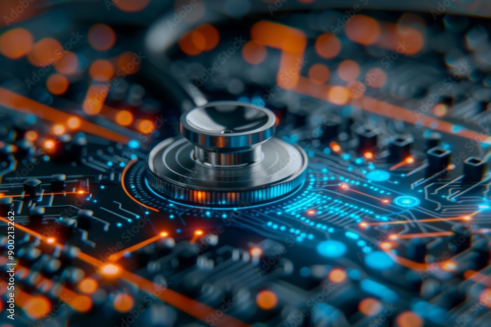 Aufkleber stethoscope on a circuit board symbolizing the intersection of technology and healthcare in a high t