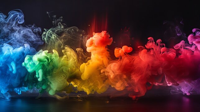 Abstract colorful smoke swirls on black background.