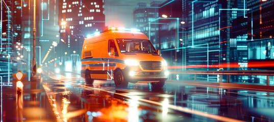 An ambulance with emergency lights flashing races through a modern urban street. The background is layered with digital data visualizations