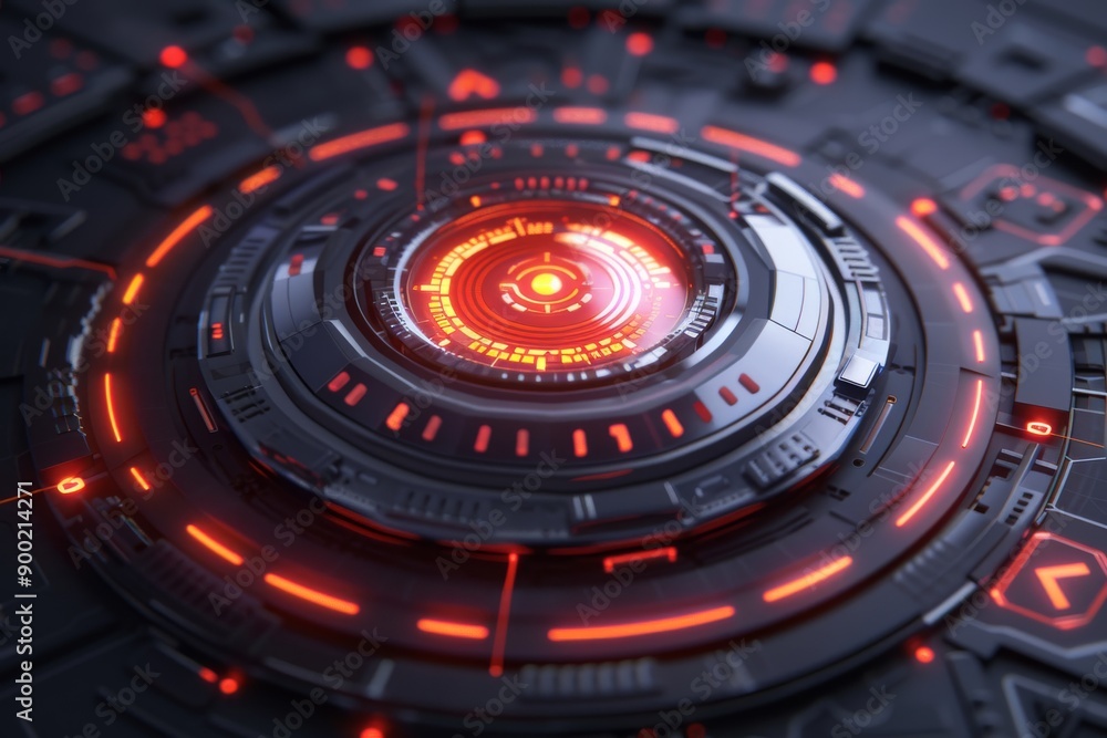 Poster futuristic circular device with glowing red elements symbolizing advanced technology and digital inn