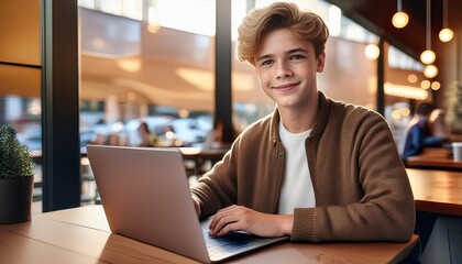 Fototapeta premium Young man working on laptop, boy freelancer or student with computer in cafe at table looking in camera. Model by AI generative
