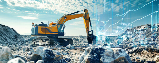 A yellow excavator works in a rocky quarry, with a futuristic data visualization overlay showcasing real-time information about the site