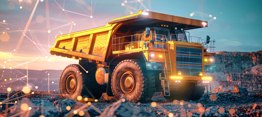 A bright yellow dump truck stands out against a backdrop of rocky terrain and a futuristic data visualization overlay