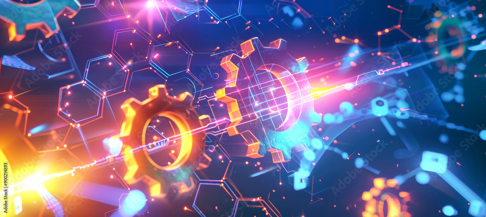 Poster two spinning gears mesh against a background of vibrant hexagons and glowing data lines, symbolizing