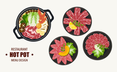 Vector set of shabu food, hot pot, and various spices. Hot soup and boiled vegetables in a hot pot, top view, kitchen utensils. Cooking. Isolated in the background. For elements in a restaurant menu.