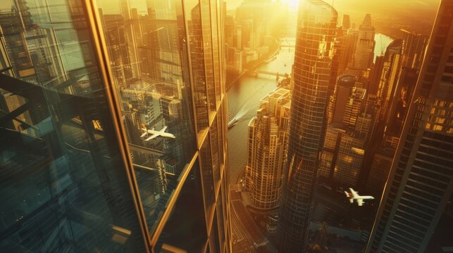 city, skyscrapers, sunset, river passing through the city, glass reflection, poster composition, flying aircraft in the city, parallel perspective, light and shadow, film effect,High definition, 8K re