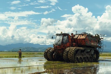 Fototapeta premium Farmer with Tractor in Flooded Rice Field