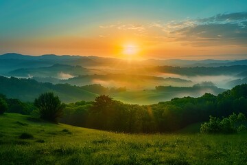 Fototapeta premium A serene sunrise over a misty green valley, representing the fresh beginnings and renewal found in friendships.
