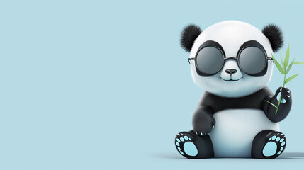 Fototapeta premium An adorable panda with big round glasses holding a bamboo stick, sitting against a light blue background, symbolizing cuteness and friendliness.