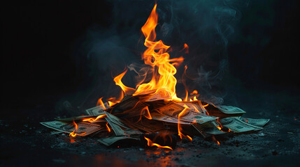 Burning pile of money with intense flames and smoke, representing loss, waste, or dramatic financial crisis.