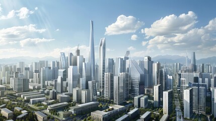 A modern skyline dominated by sleek, contemporary buildings, illustrating an advanced urban landscape without any traces of the old town