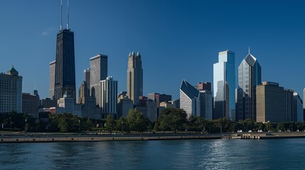 Fototapeta premium A modern skyline dominated by sleek, contemporary buildings, illustrating an advanced urban landscape without any traces of the old town