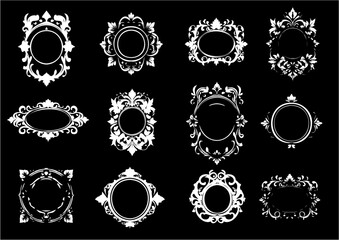 Elegant Collection of Twelve Vintage Frames 
Floral with Intricate Designs on Black Background for Creative Projects