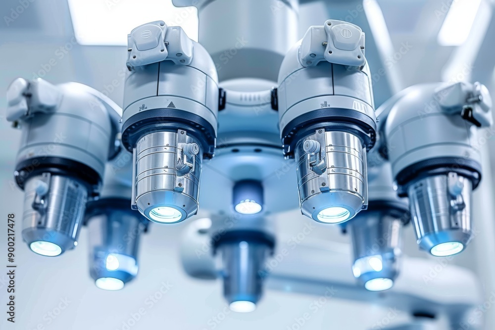 Poster close up of robotic arms with led lights representing modern automation technology and industrial in