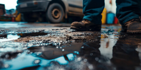 Mechanic's Boots Walking Through Muddy Puddle in Auto Repair Shop