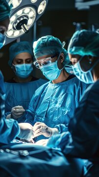 Focused surgeons in blue scrubs perform a complex surgery with precision in a sterile operating room environment.