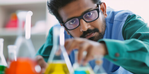Scientist Conducting Experiment in Laboratory with Focus on Colorful Chemical Reactions