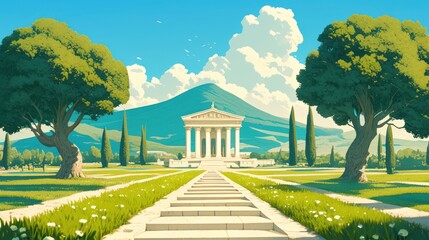 Fototapeta premium Sunny day at a beautiful neoclassical temple surrounded by lush greenery, tall trees, and a scenic mountain in the background.