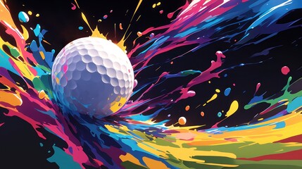 Vibrant abstract art featuring a white golf ball surrounded by dynamic splashes of colorful paint on a dark background.