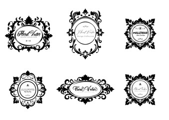 Elegant Collection of Nine Vintage Floral Emblems on Black Background for Creative Projects and And for Branding and Decor Companies