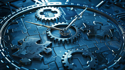 Fototapeta premium A clock face, used to show the time. It has shapes that look like puzzle pieces, with gears underneath. The background is dark blue. It can be used as a computer screen. 