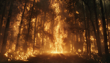 Fototapeta premium A blazing fire engulfing a forest creating a path of intense light through the trees