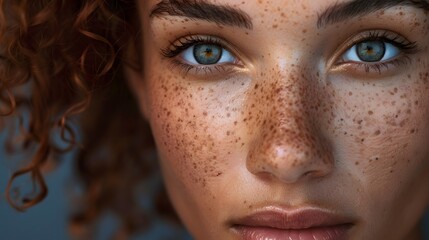 Skin care. Woman with beauty face touching healthy facial skin portrait. Beautiful smiling asian girl model with natural makeup touching glowing hydrated skin on blue background closeup.