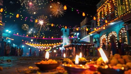 Diwali Night with Candles, Lanterns and Rain on the Street