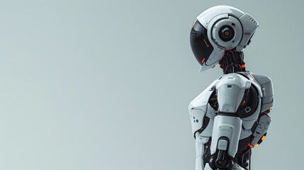 robot standing on a plain white background with copy space for text 