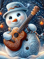 Naklejka premium Whimsical Snowman Musician Playing Guitar in Snowy Winter Landscape with Intricate Patterns