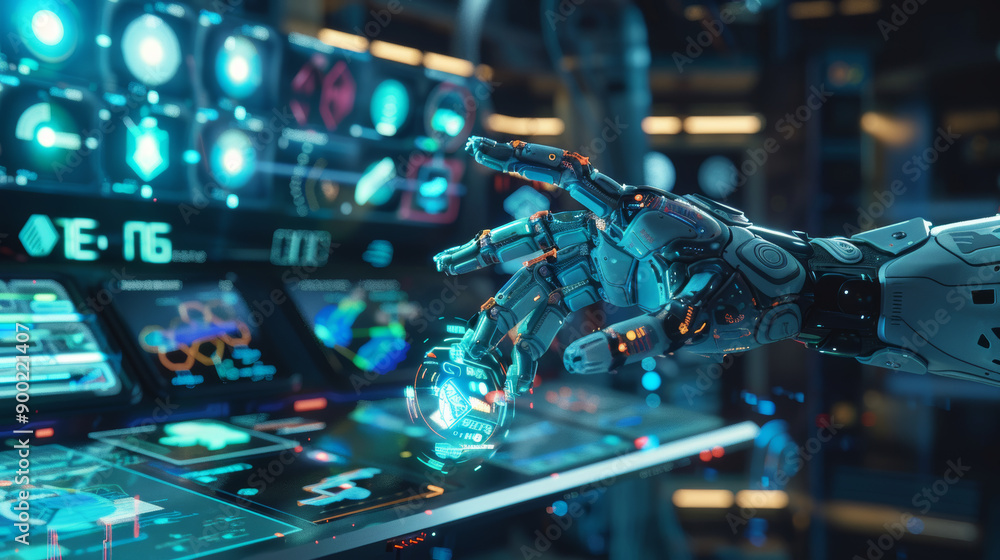Poster a virtual assistant with a real hand in a futuristic scene. a vision of the future of technology, wh