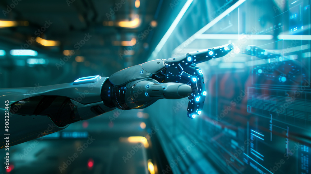 Poster a virtual assistant with a real hand in a futuristic scene. a vision of the future of technology, wh