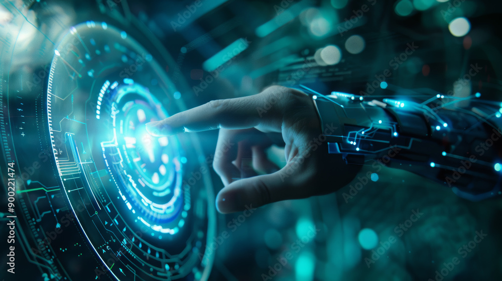 Aufkleber a virtual assistant with a real hand in a futuristic scene. a vision of the future of technology, wh